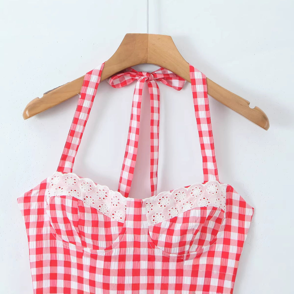 Lace splicing slim fit plaid strap top