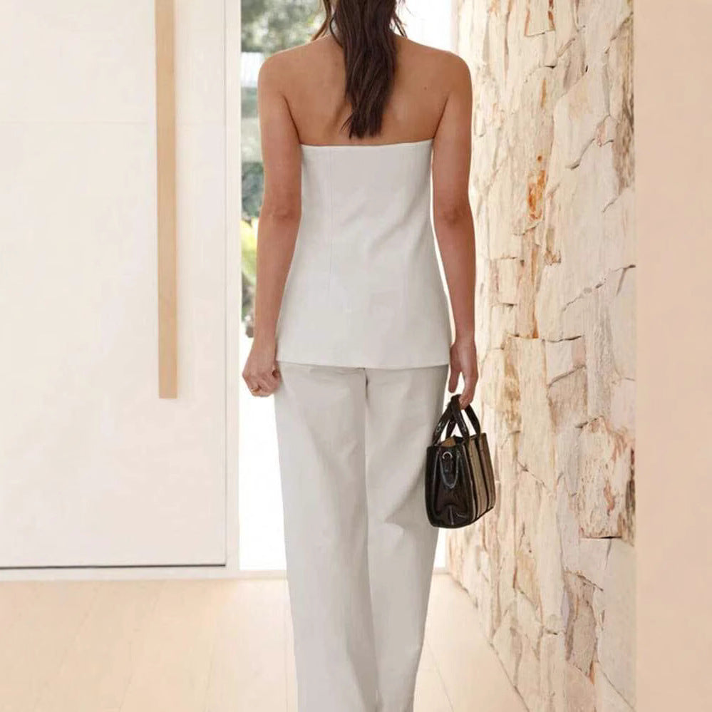 Fashionable Two-Piece Set Natural Slim-Fitting Strapless Top with Casual Wide-Leg Pants Set