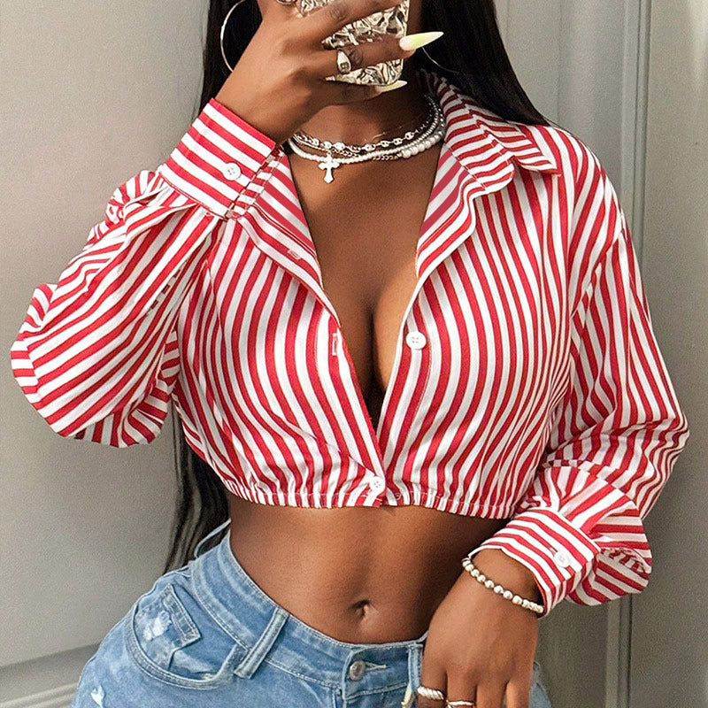 Style Street Fashion Casual Stripe Long Sleeve Shirt for Women