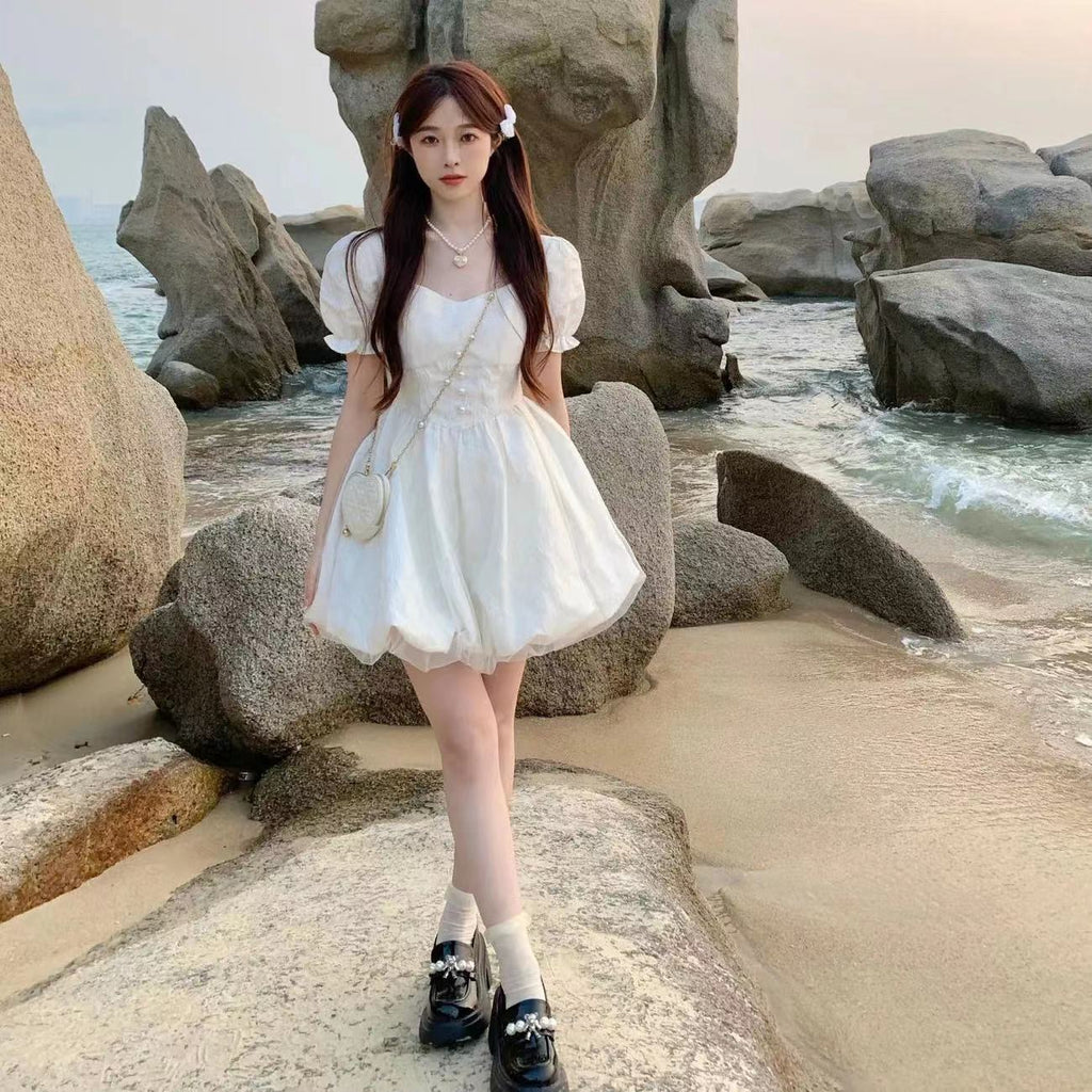 Pure Color Puff Sleeve Boat Neck Dress