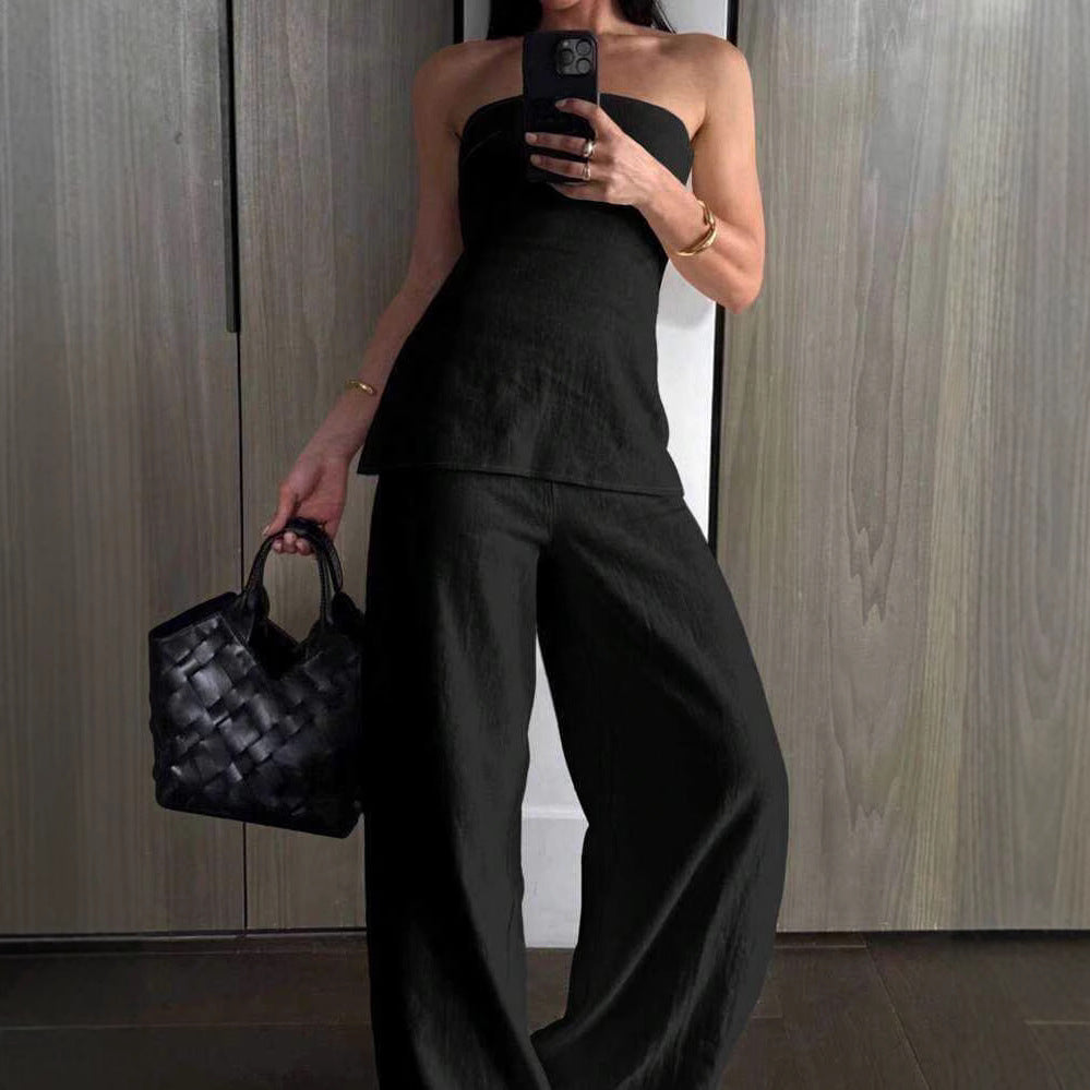 Fashionable Two-Piece Set Natural Slim-Fitting Strapless Top with Casual Wide-Leg Pants Set