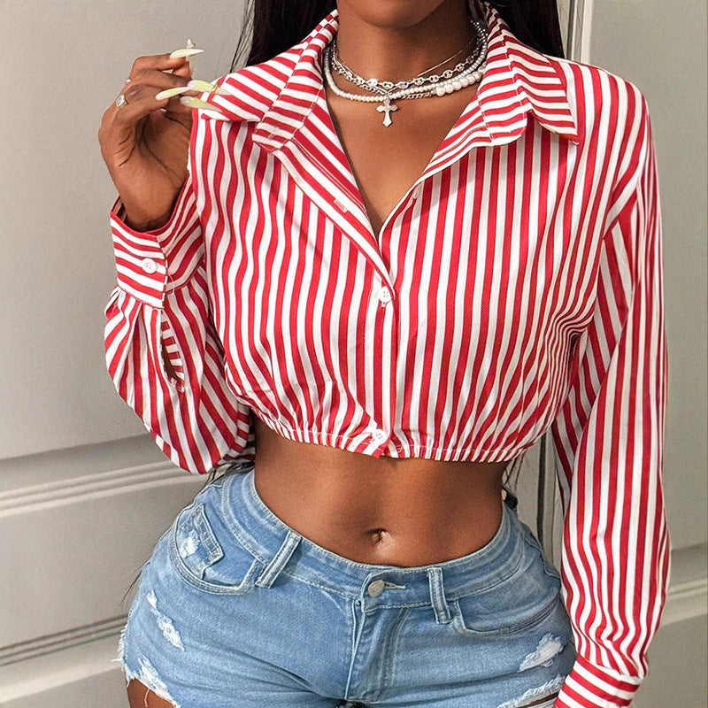 Style Street Fashion Casual Stripe Long Sleeve Shirt for Women