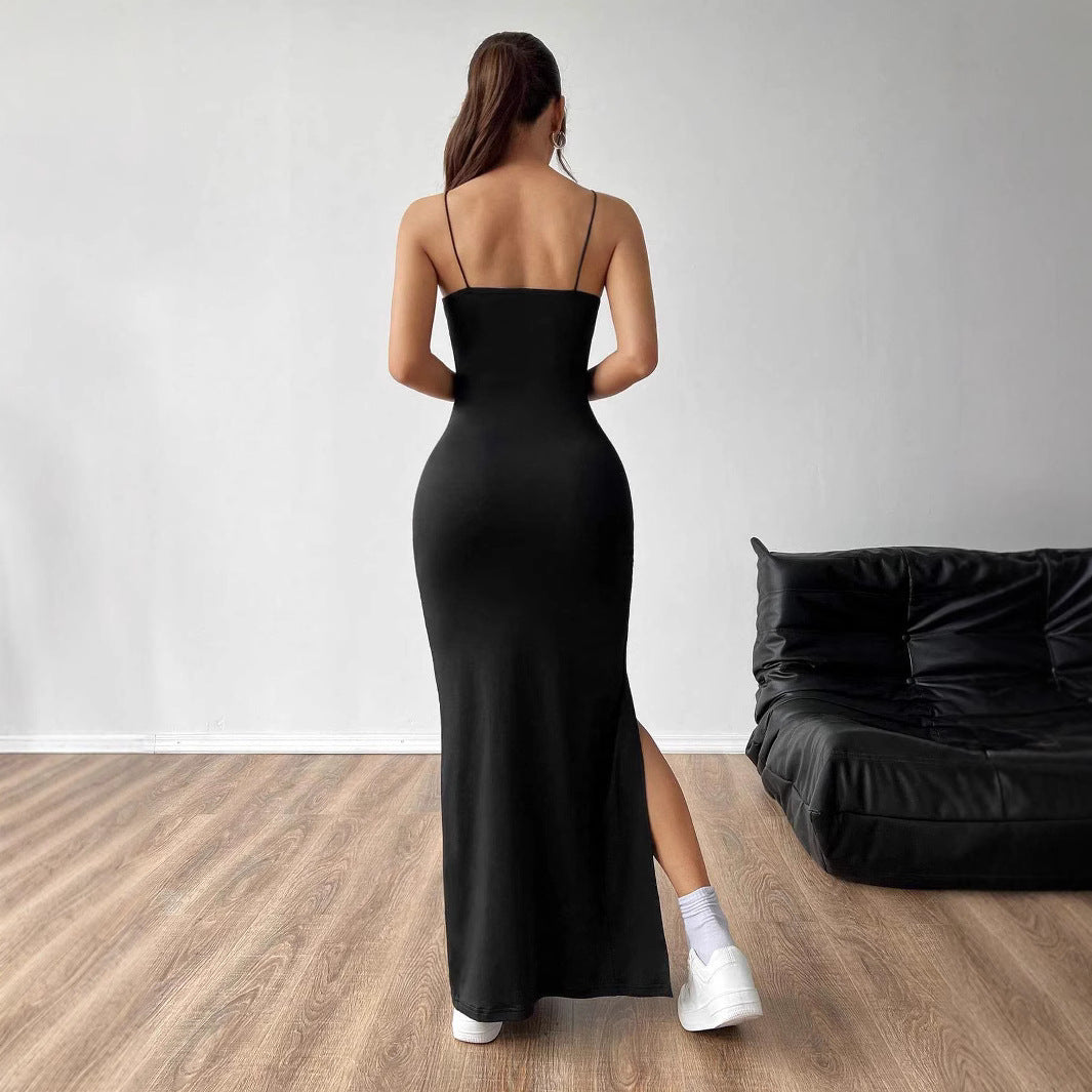 Solid Color High Waist Thin Strap Fitted Backless Sexy Slit Long Dress for Women