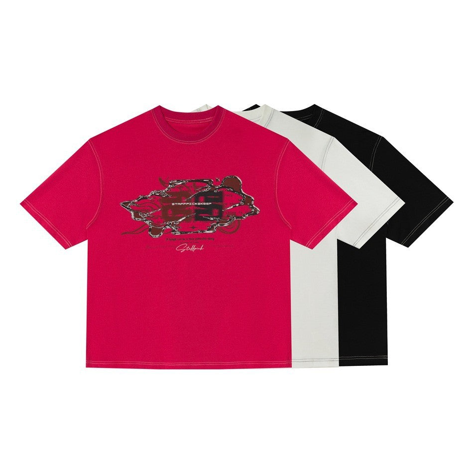 Printed Short Sleeve T-Shirt Unisex Couple Color-Blocked Topstitching