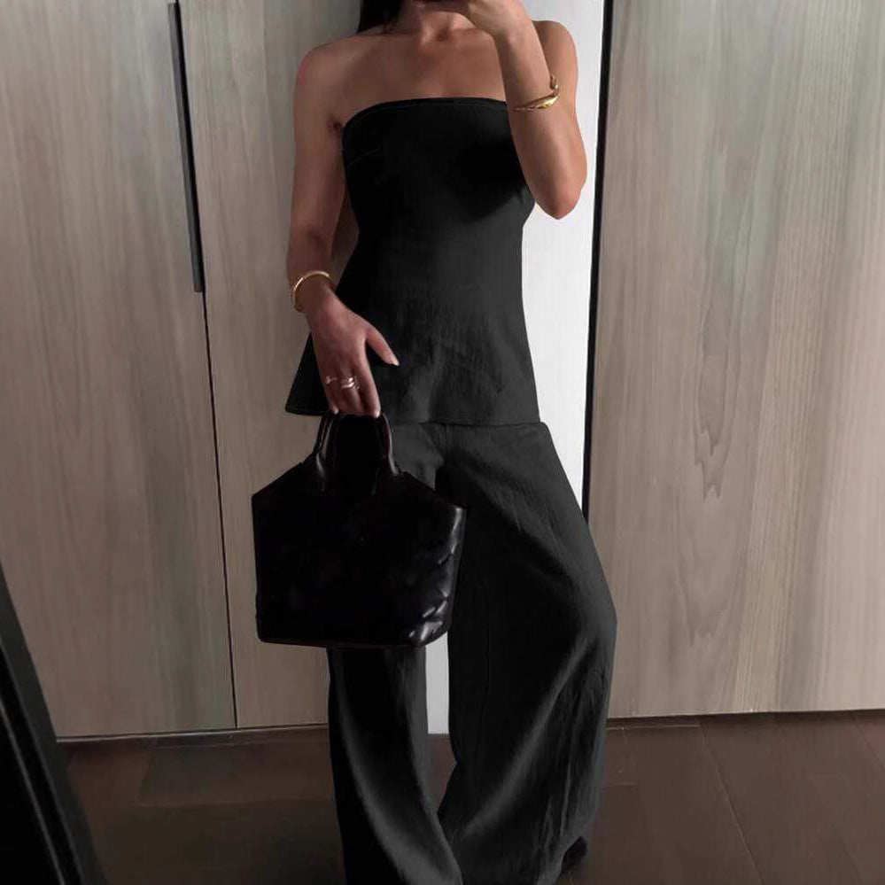 Fashionable Two-Piece Set Natural Slim-Fitting Strapless Top with Casual Wide-Leg Pants Set