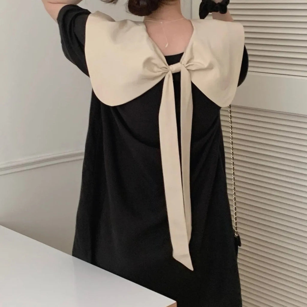 Butterfly Knot Two-Way Wear Color-Blocked Peter Pan Collar Dress