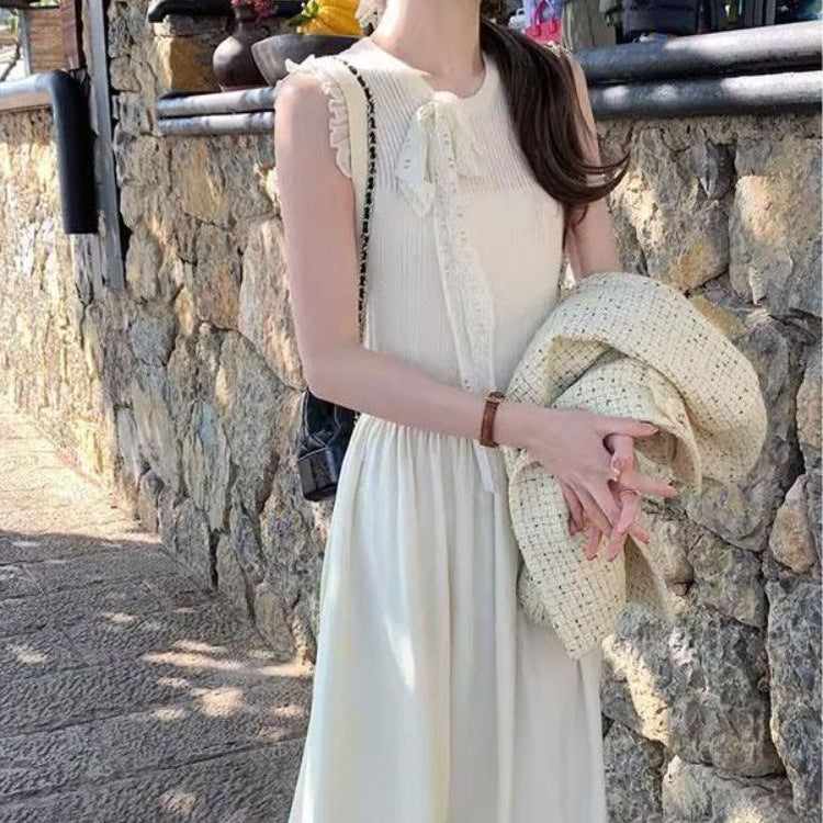 Vertical Stripe Lace Patchwork Flutter Sleeve Dress