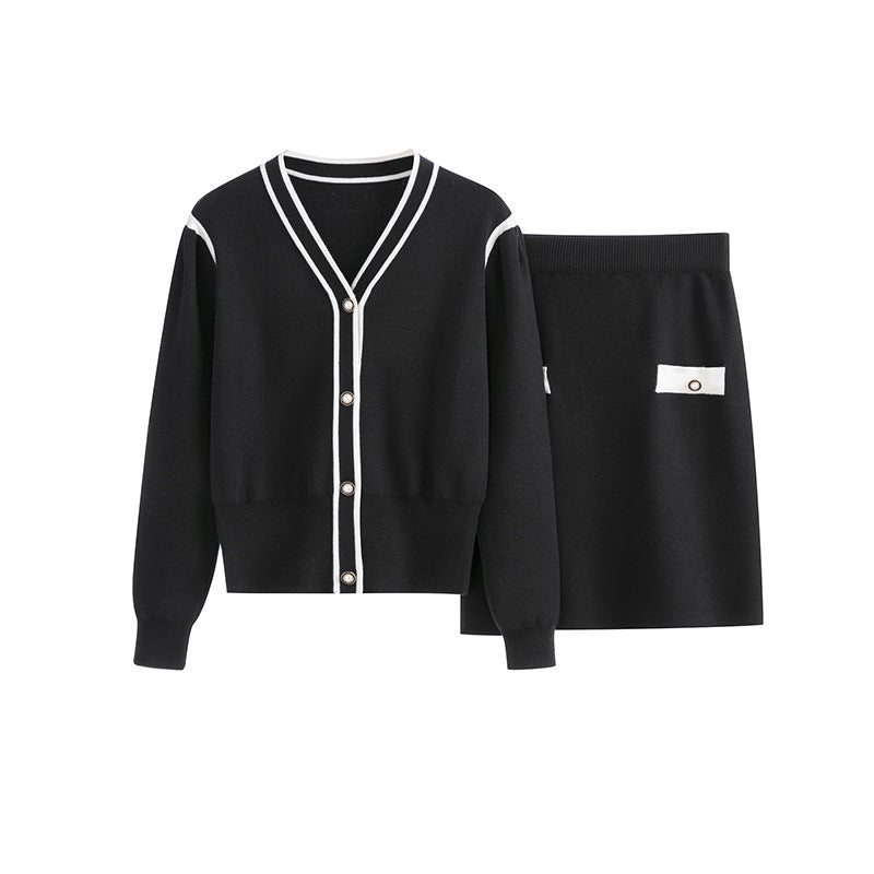 Long sleeved cardigan skirt set for women