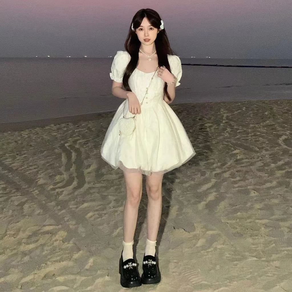 Pure Color Puff Sleeve Boat Neck Dress