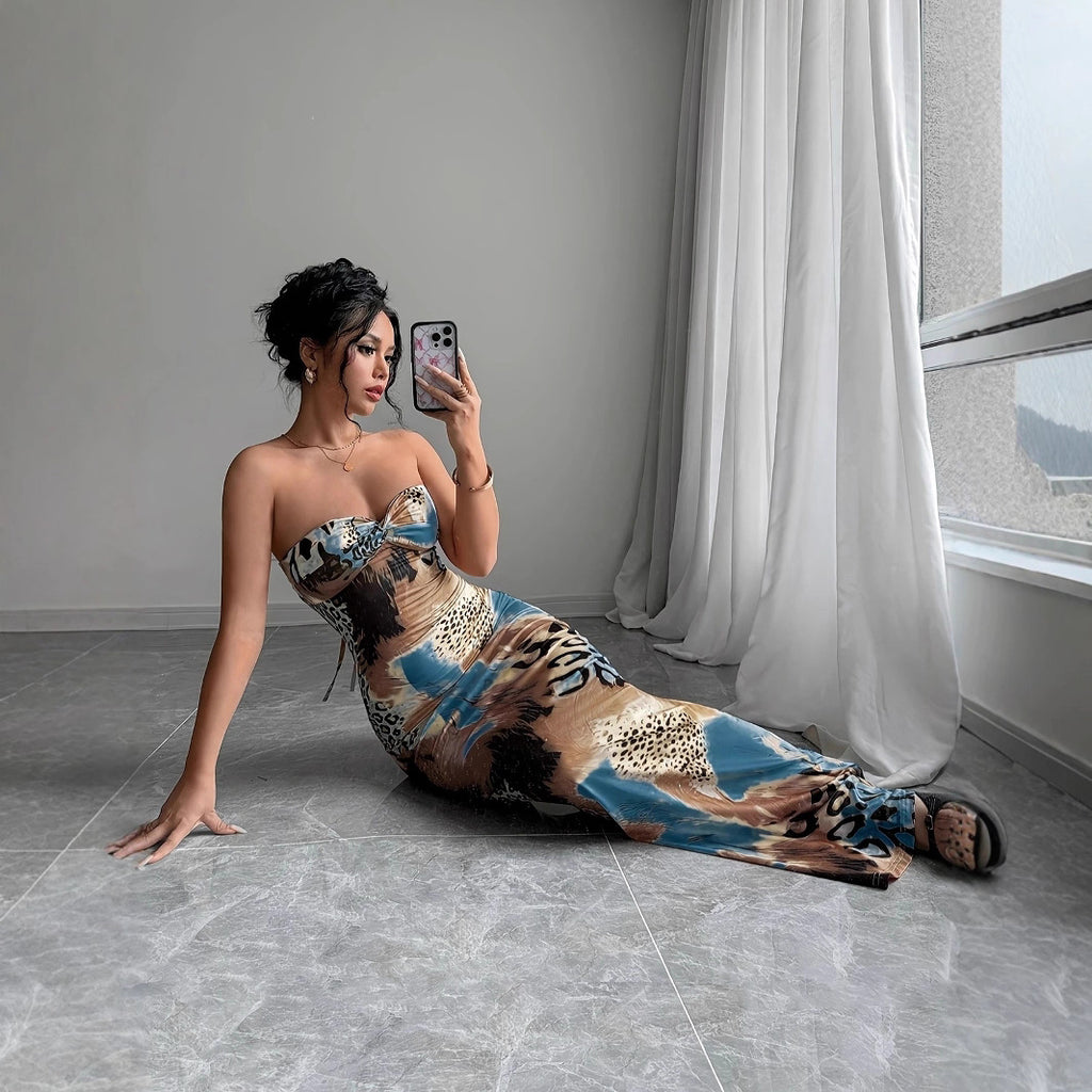 Temu Summer Deep V Neck Halter Strapless Sexy Tie-Waist Bodycon Dress  Print Dress Factory