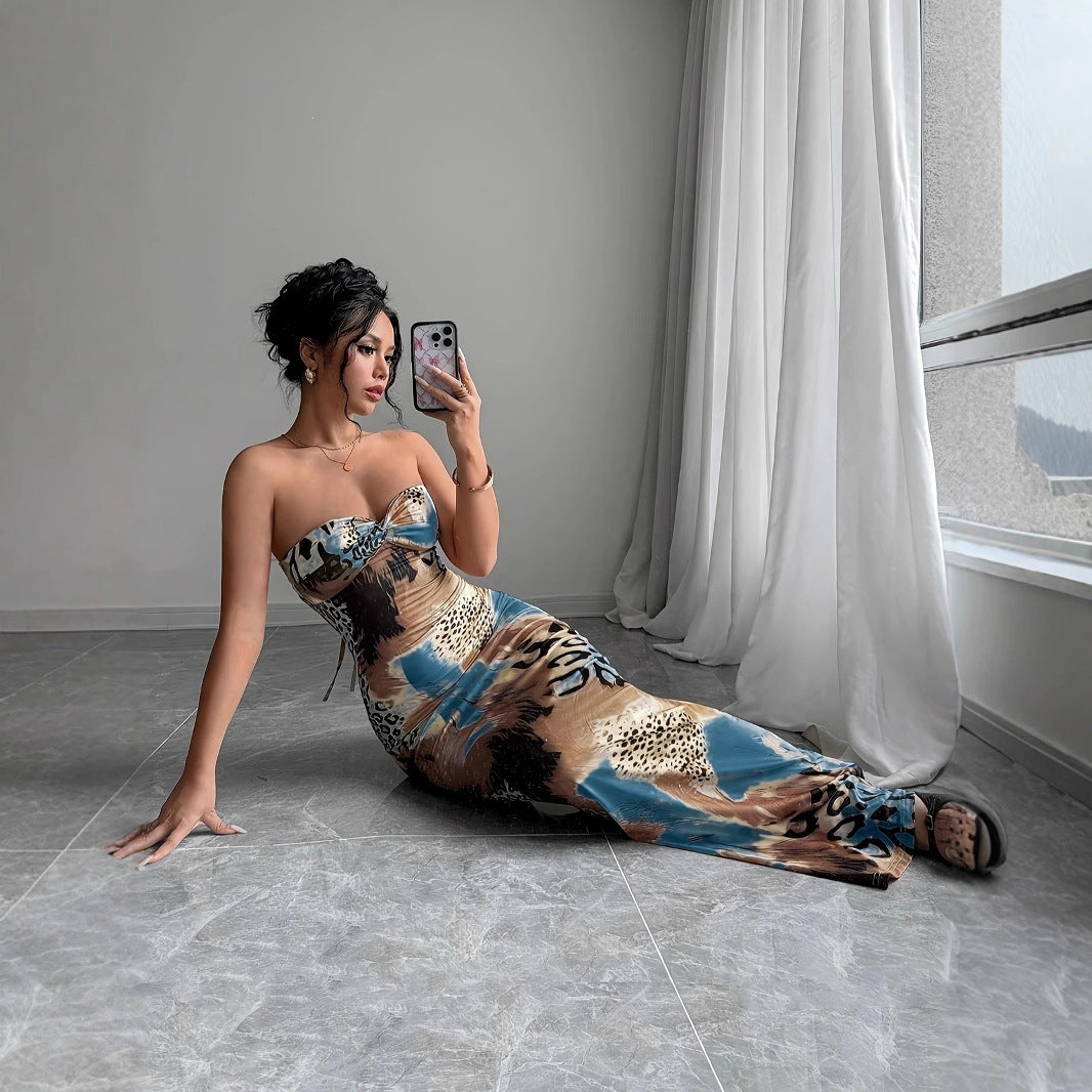 Temu Summer Deep V Neck Halter Strapless Sexy Tie-Waist Bodycon Dress  Print Dress Factory