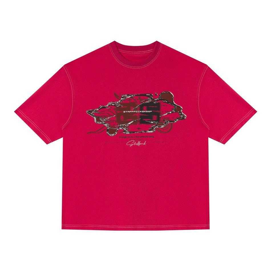 Printed Short Sleeve T-Shirt Unisex Couple Color-Blocked Topstitching