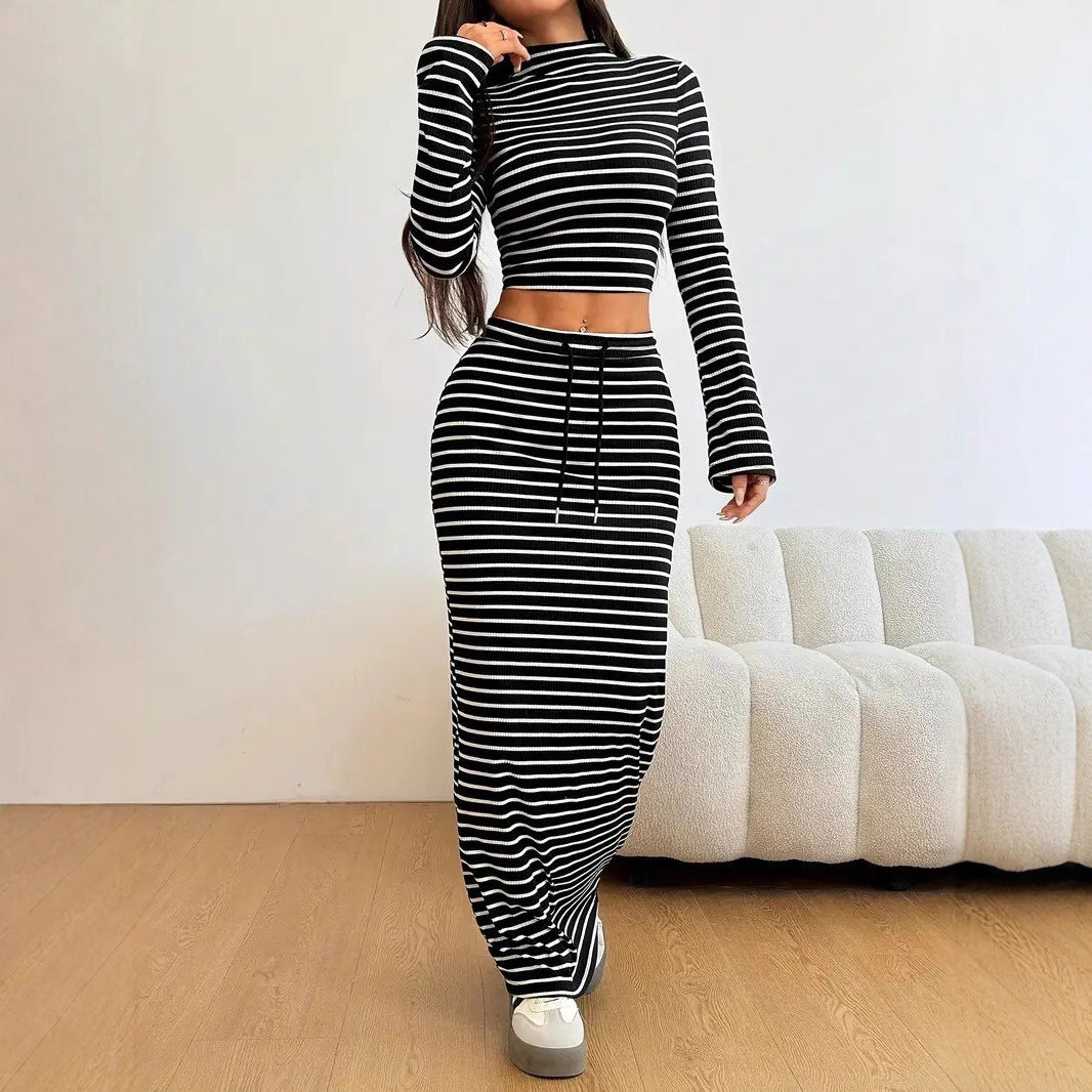 Knitted Stripe Fashion Two-Piece Set with Fitted Long Sleeve Top and Skirt