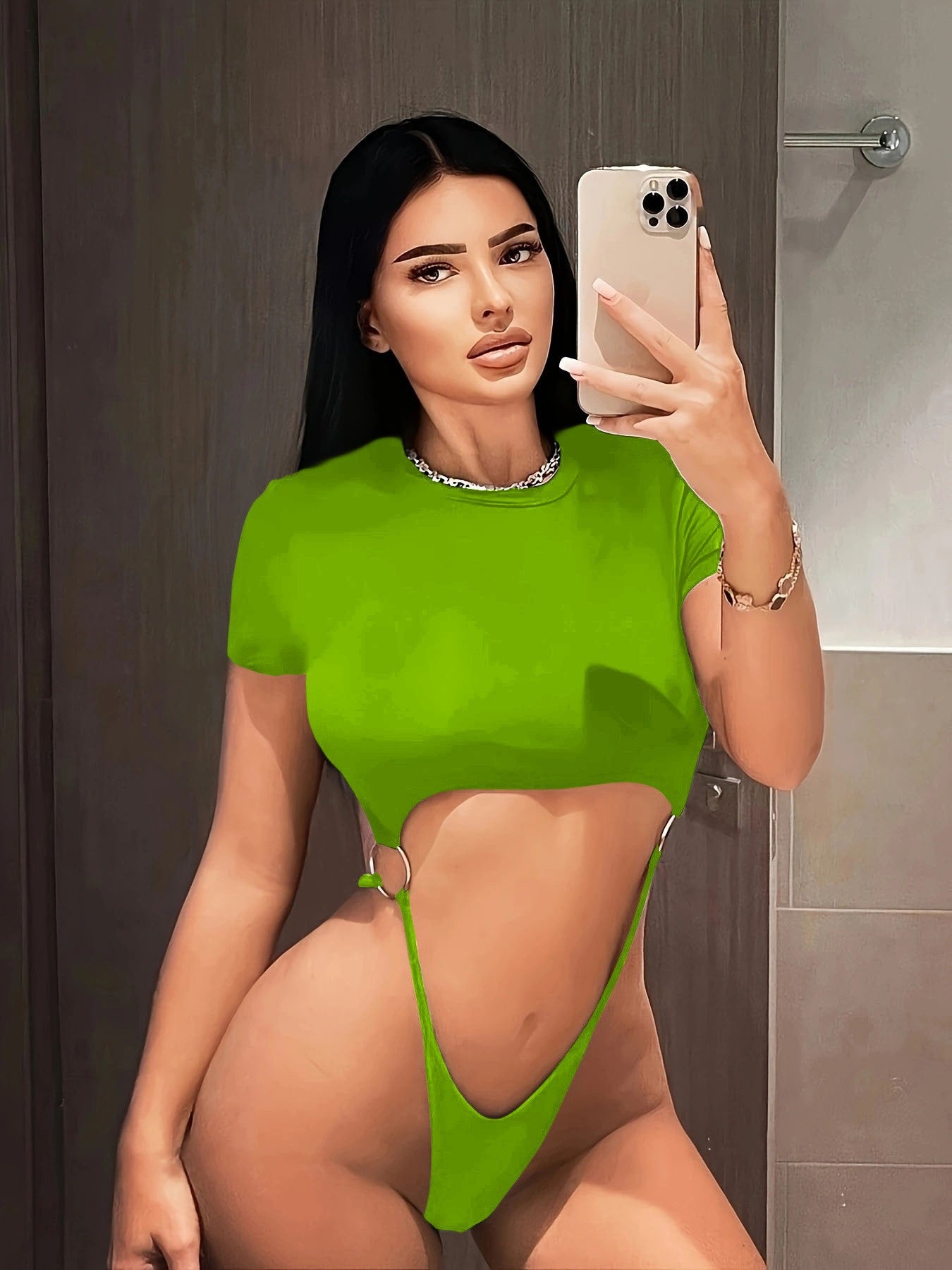Fashion Sexy Round Neck Solid Color Fitted Thong Bodysuit for Women