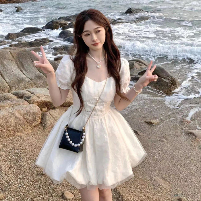 Pure Color Puff Sleeve Boat Neck Dress