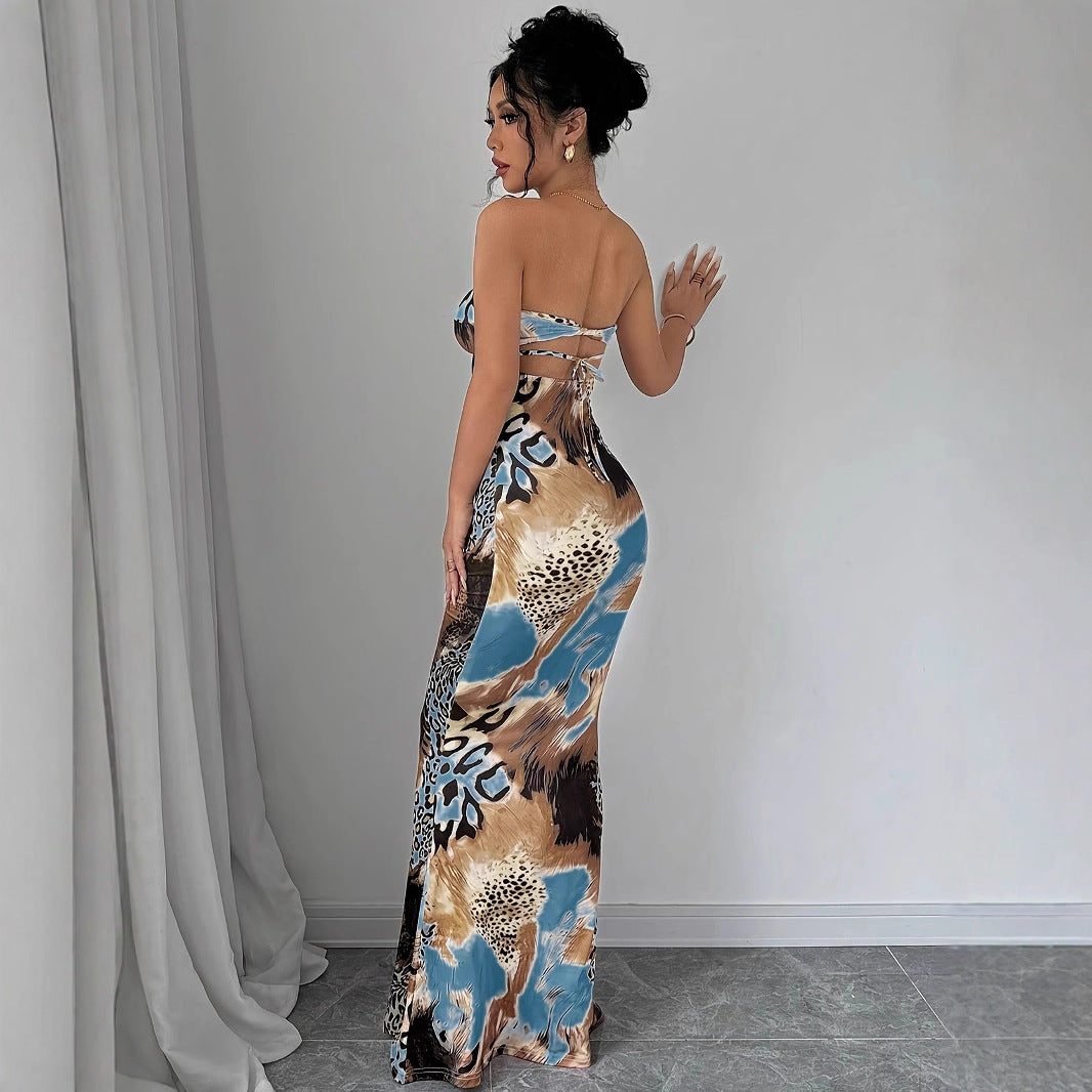 Temu Summer Deep V Neck Halter Strapless Sexy Tie-Waist Bodycon Dress  Print Dress Factory