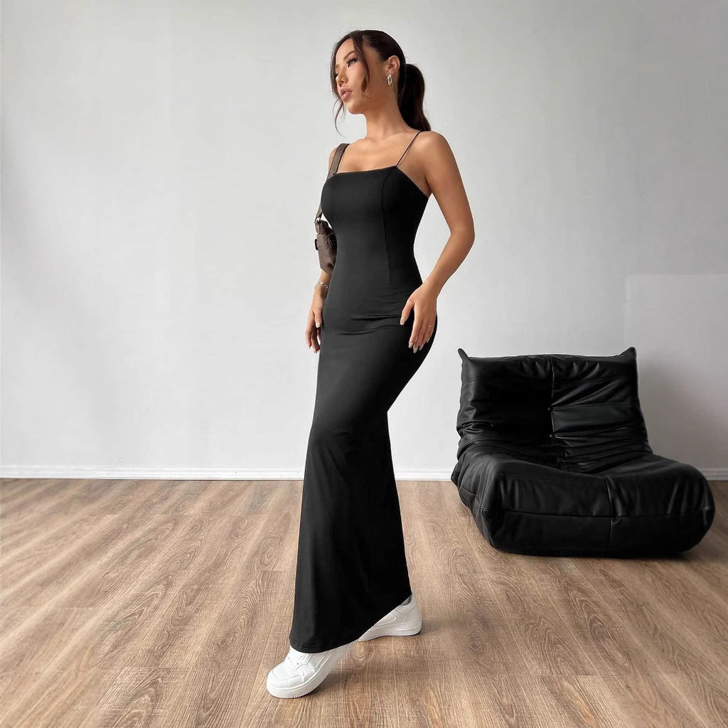 Solid Color High Waist Thin Strap Fitted Backless Sexy Slit Long Dress for Women