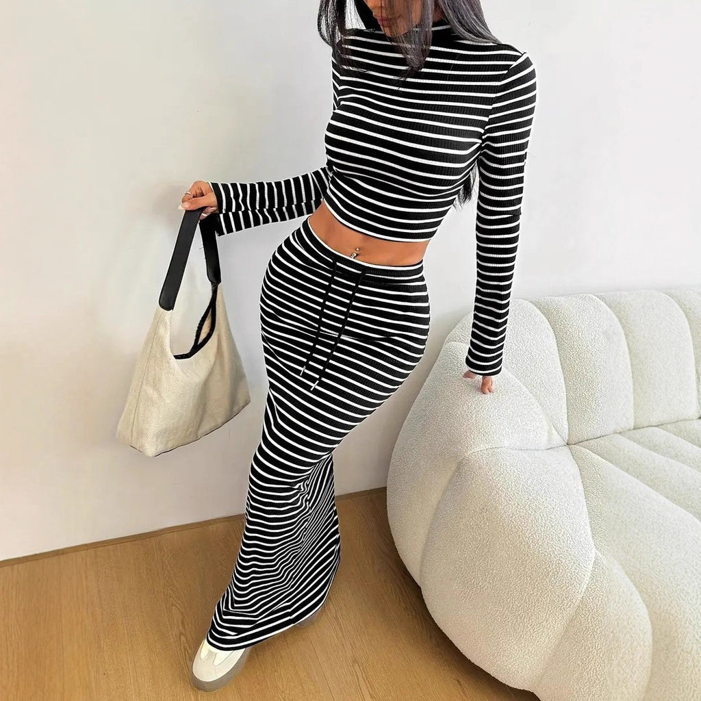 Knitted Stripe Fashion Two-Piece Set with Fitted Long Sleeve Top and Skirt