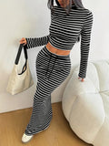 Knitted Stripe Fashion Two-Piece Set with Fitted Long Sleeve Top and Skirt