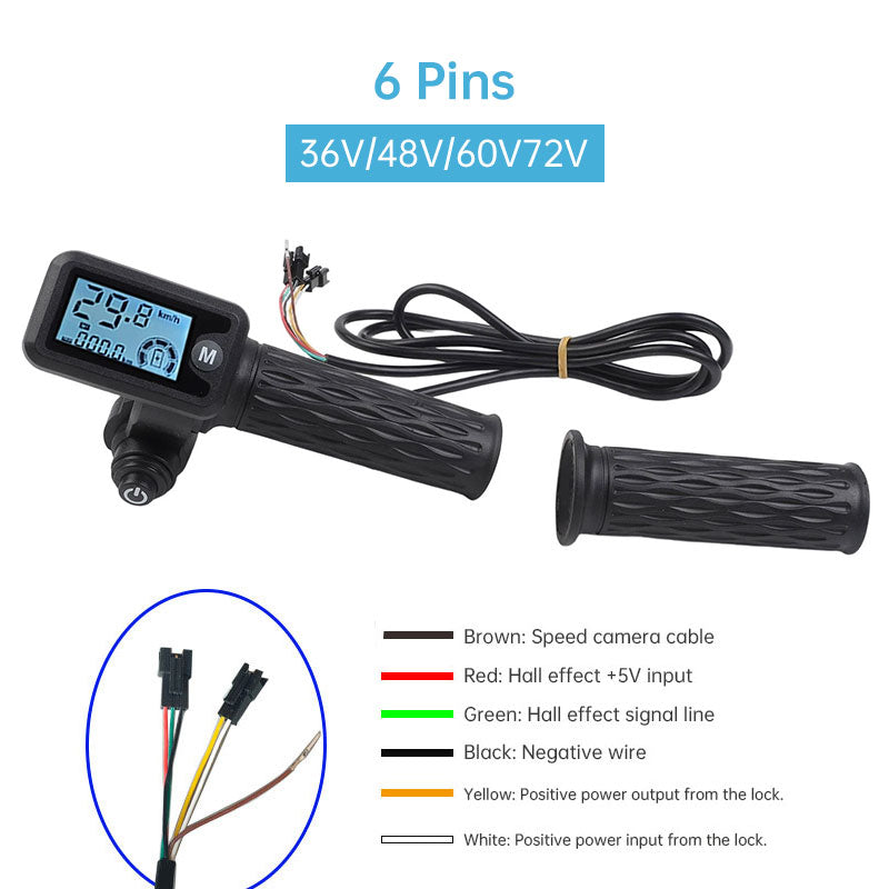 Electric Bike Throttle with LCD Speedometer & Voltmeter, 170cm Cable, Compatible 36/48/60/72V, Includes a Pair