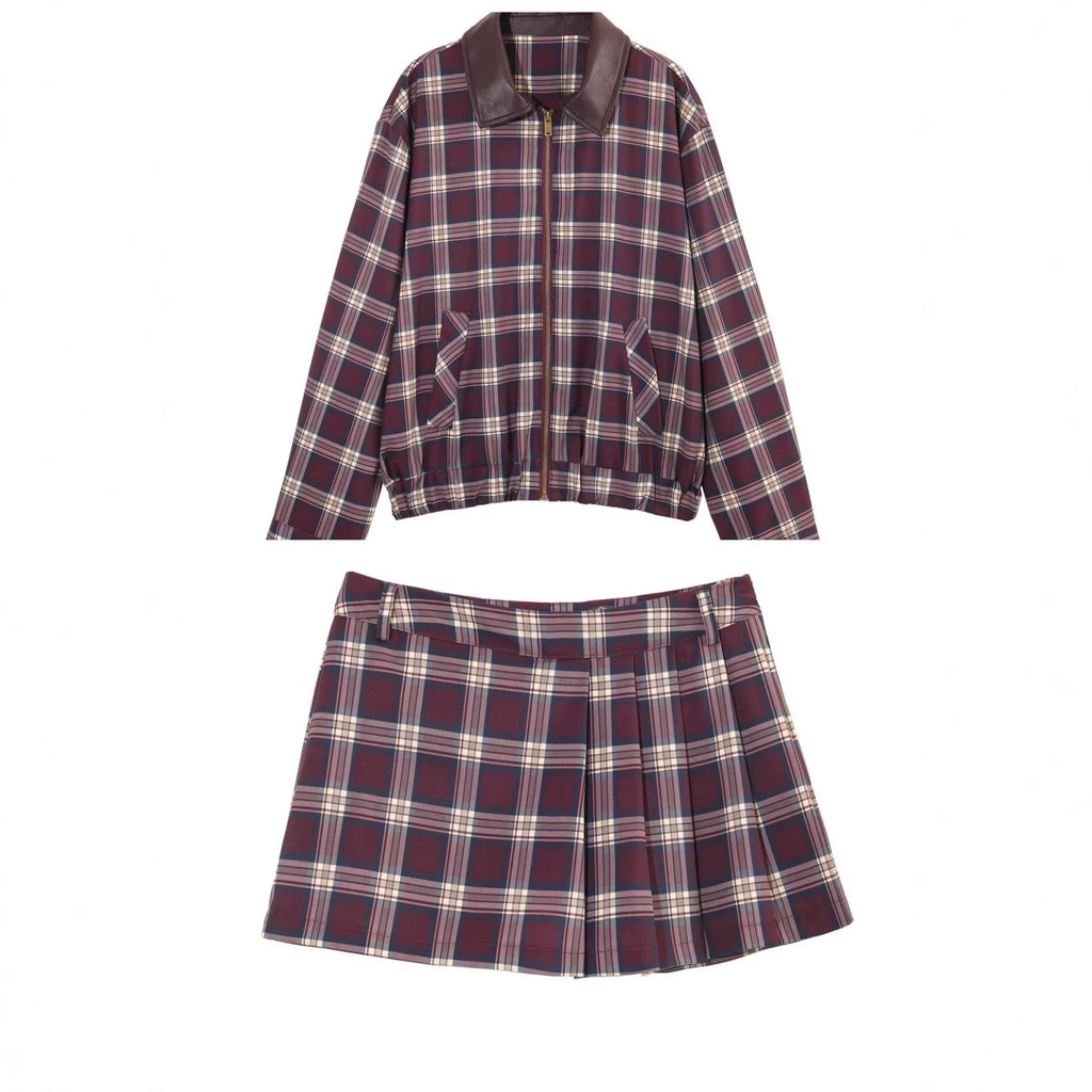 Splicing POLO collar jacket jacket+skirt pants set