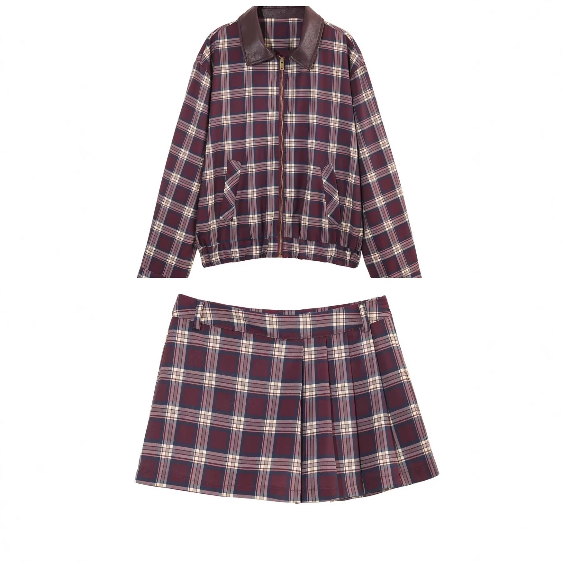 Splicing POLO collar jacket jacket+skirt pants set