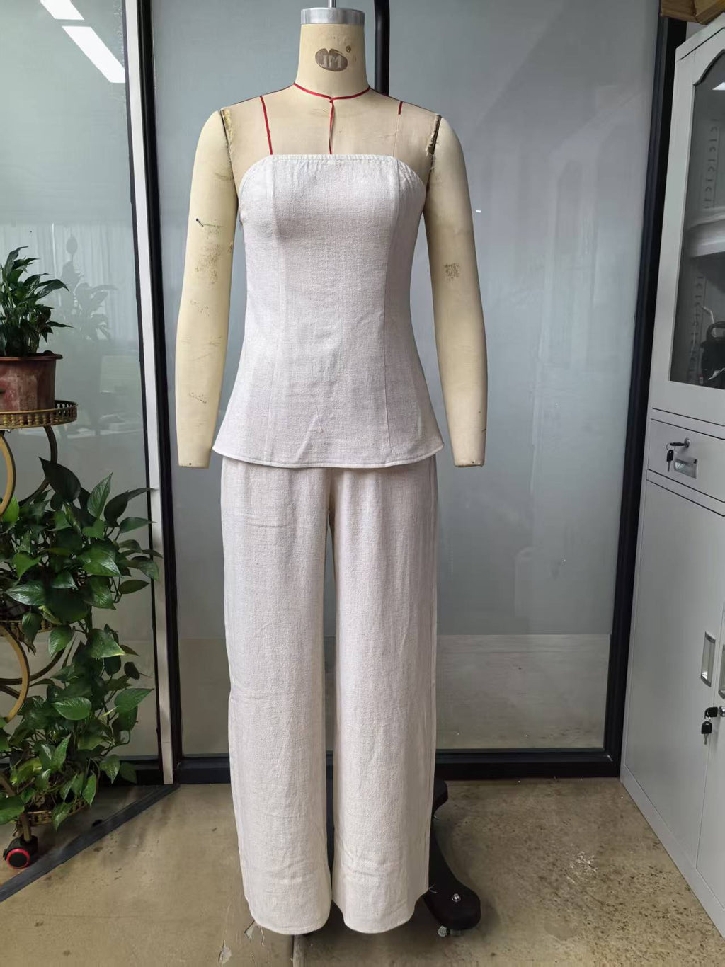 Fashionable Two-Piece Set Natural Slim-Fitting Strapless Top with Casual Wide-Leg Pants Set