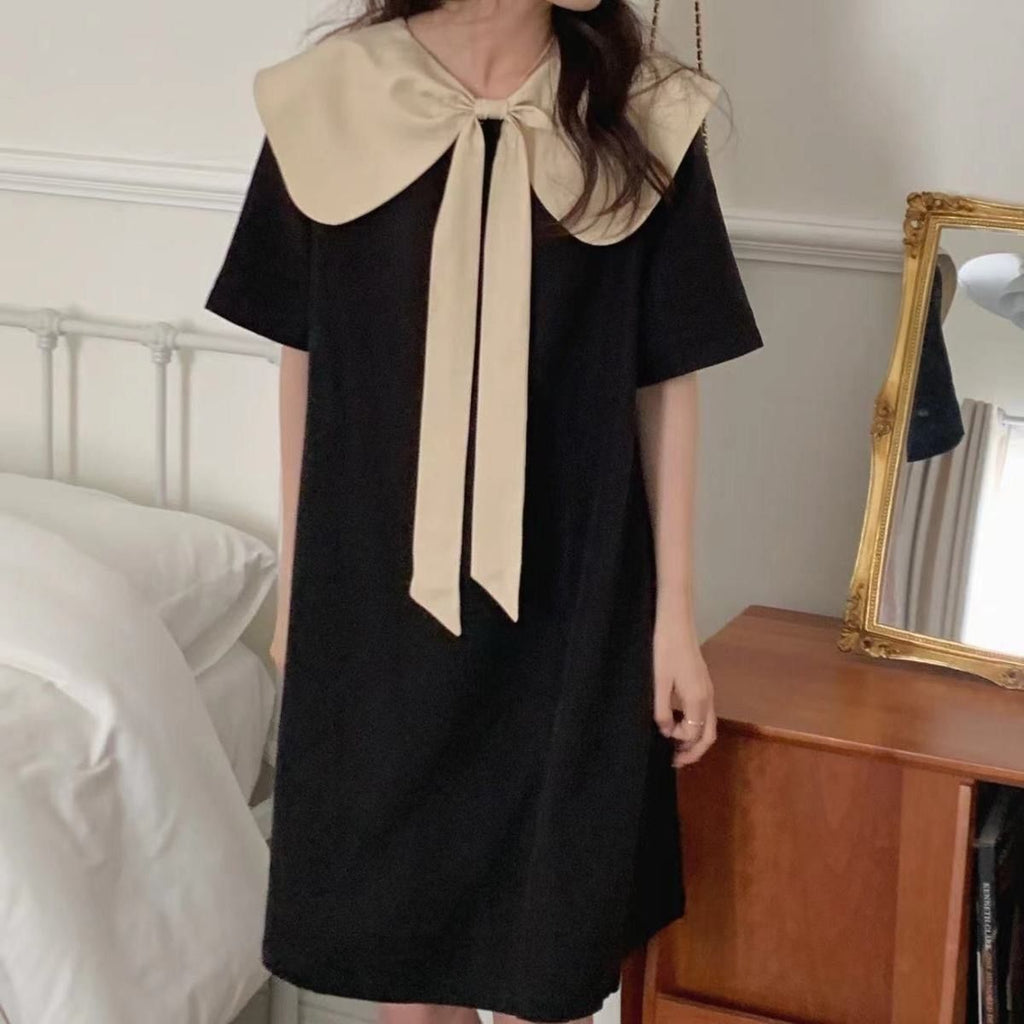 Butterfly Knot Two-Way Wear Color-Blocked Peter Pan Collar Dress