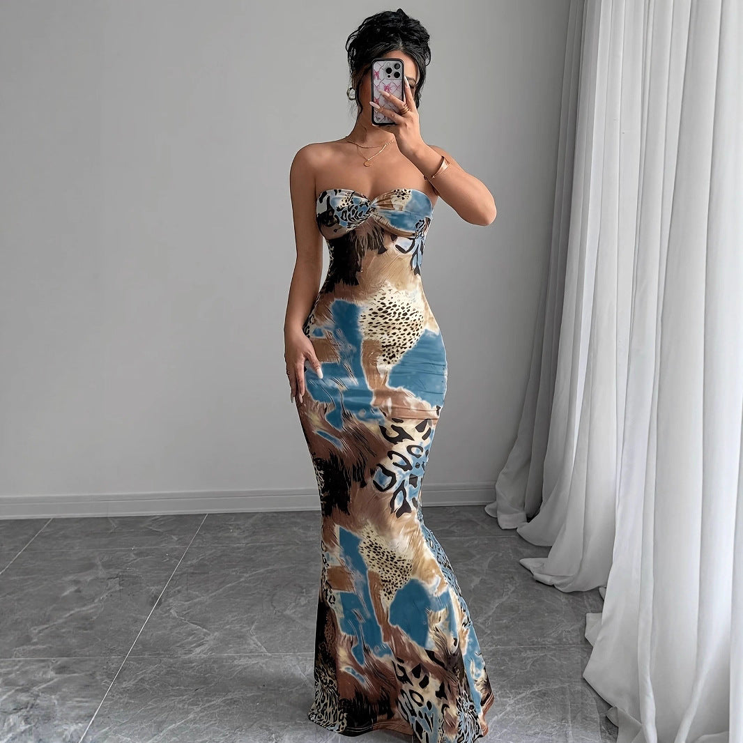 Temu Summer Deep V Neck Halter Strapless Sexy Tie-Waist Bodycon Dress  Print Dress Factory