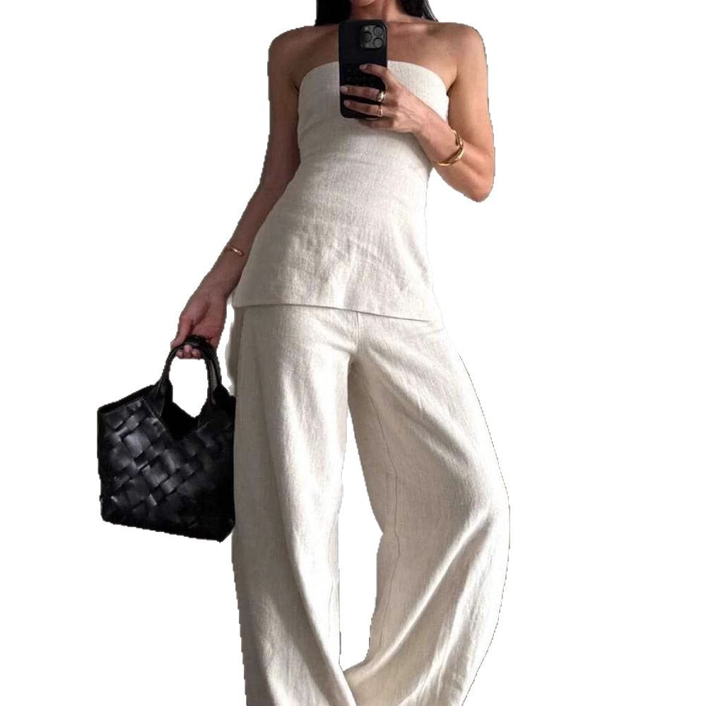 Fashionable Two-Piece Set Natural Slim-Fitting Strapless Top with Casual Wide-Leg Pants Set