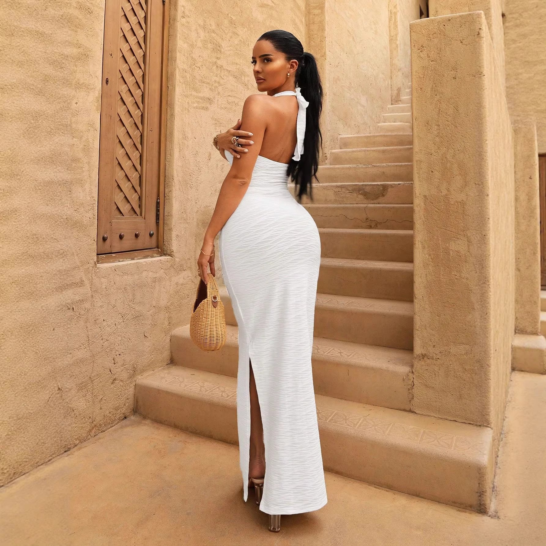 New Women's Sleeveless Halter Neck Crop Top High Waist Split Long Dress