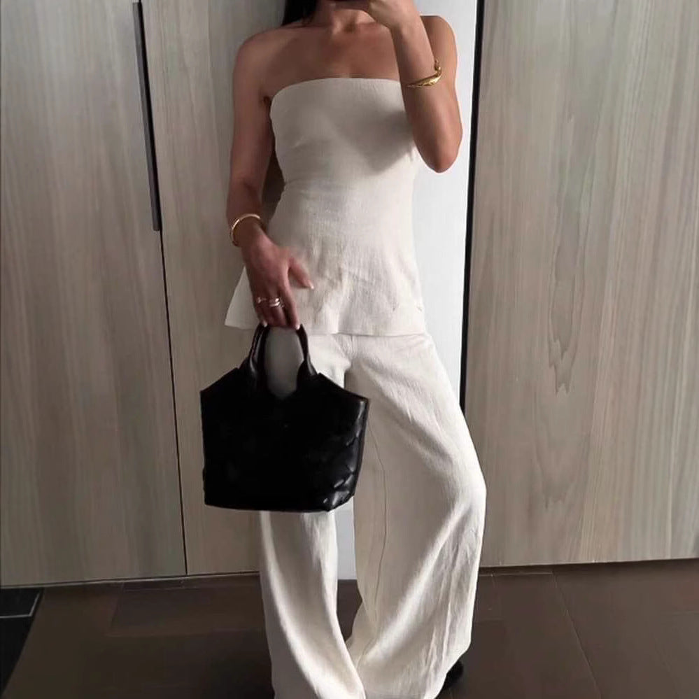 Fashionable Two-Piece Set Natural Slim-Fitting Strapless Top with Casual Wide-Leg Pants Set