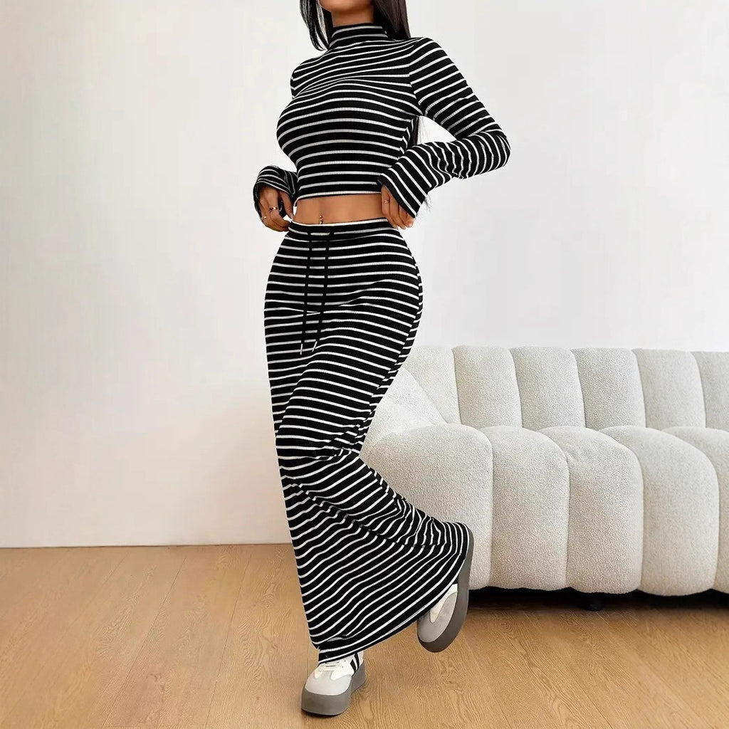 Knitted Stripe Fashion Two-Piece Set with Fitted Long Sleeve Top and Skirt