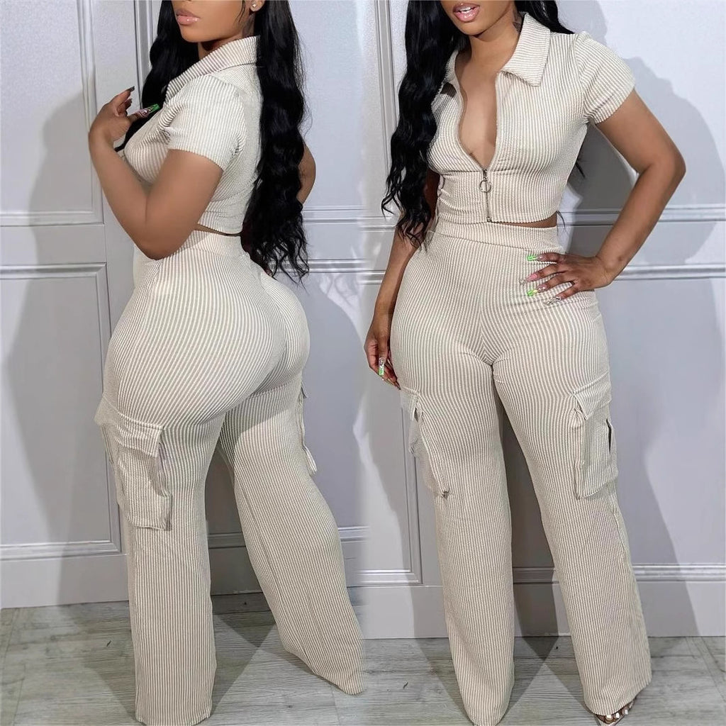 TK Fashion New Style Set Zip-Up Cardigan Multi-Pocket Pants Casual Solid Color Two-Piece Set