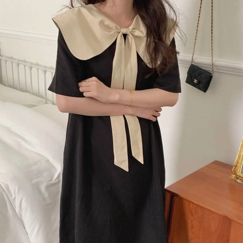 Butterfly Knot Two-Way Wear Color-Blocked Peter Pan Collar Dress