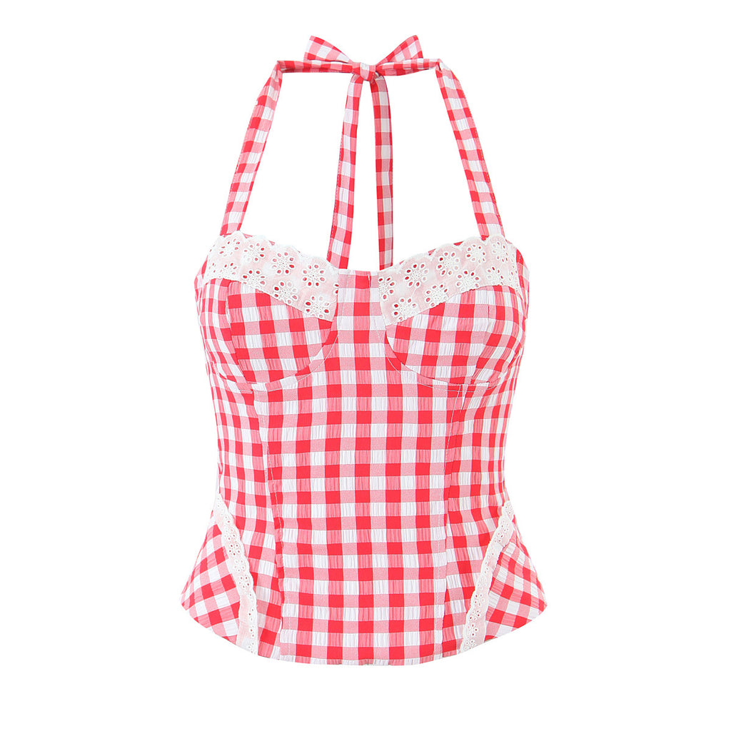 Lace splicing slim fit plaid strap top