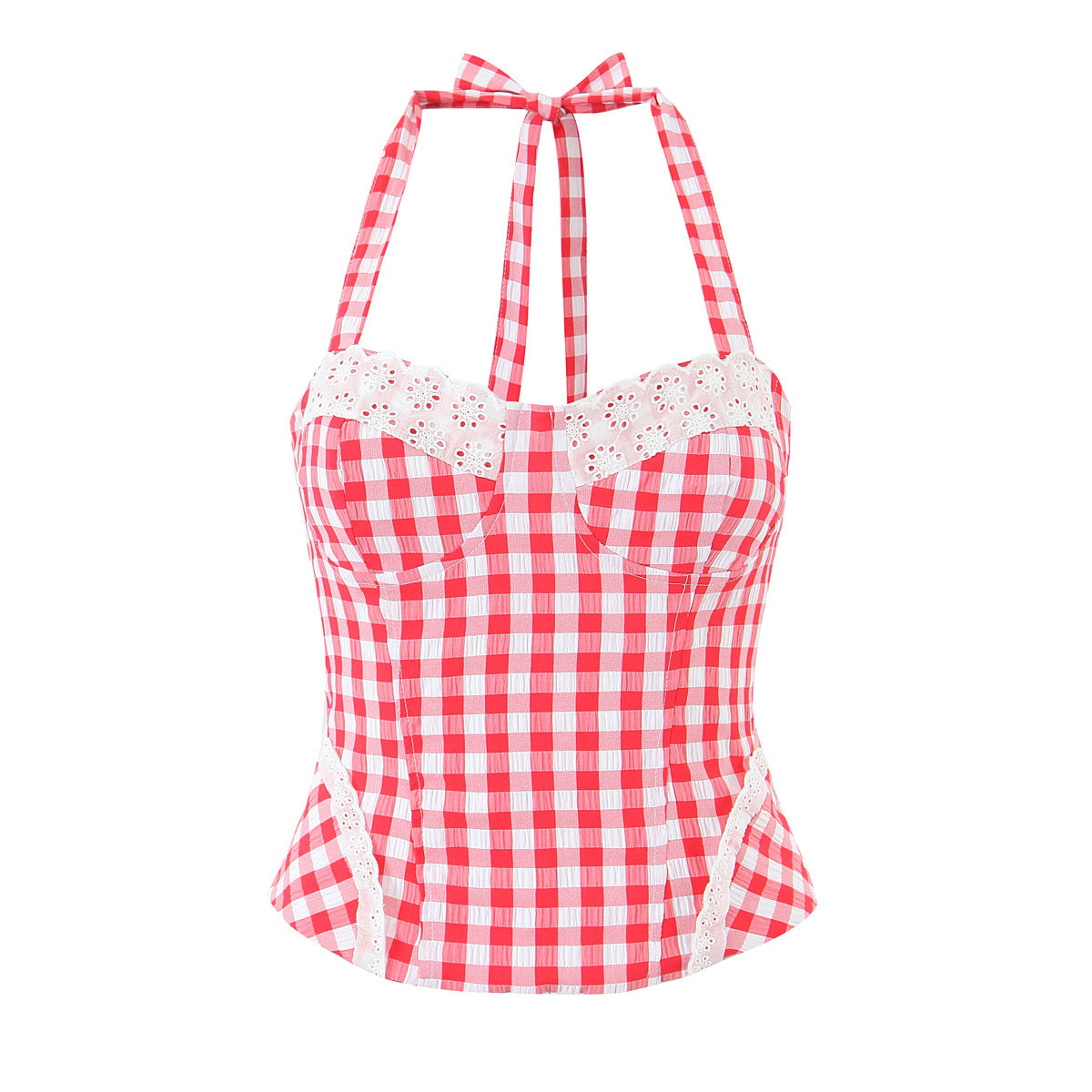 Lace splicing slim fit plaid strap top