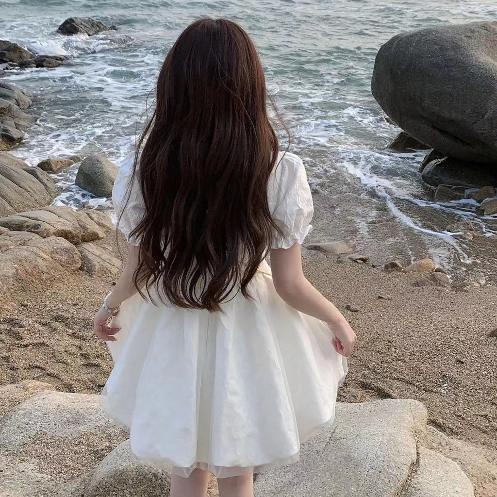 Pure Color Puff Sleeve Boat Neck Dress