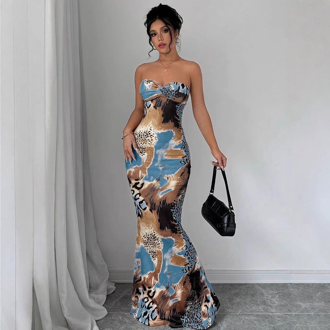 Temu Summer Deep V Neck Halter Strapless Sexy Tie-Waist Bodycon Dress  Print Dress Factory