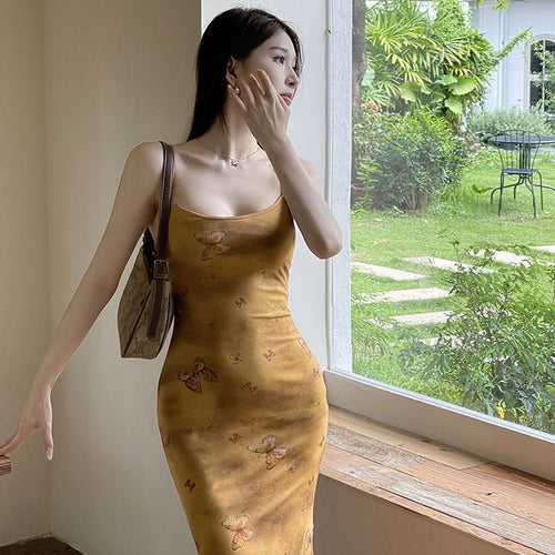 Butterfly Print Strapless Dress New Vintage Elegant Vacation Style