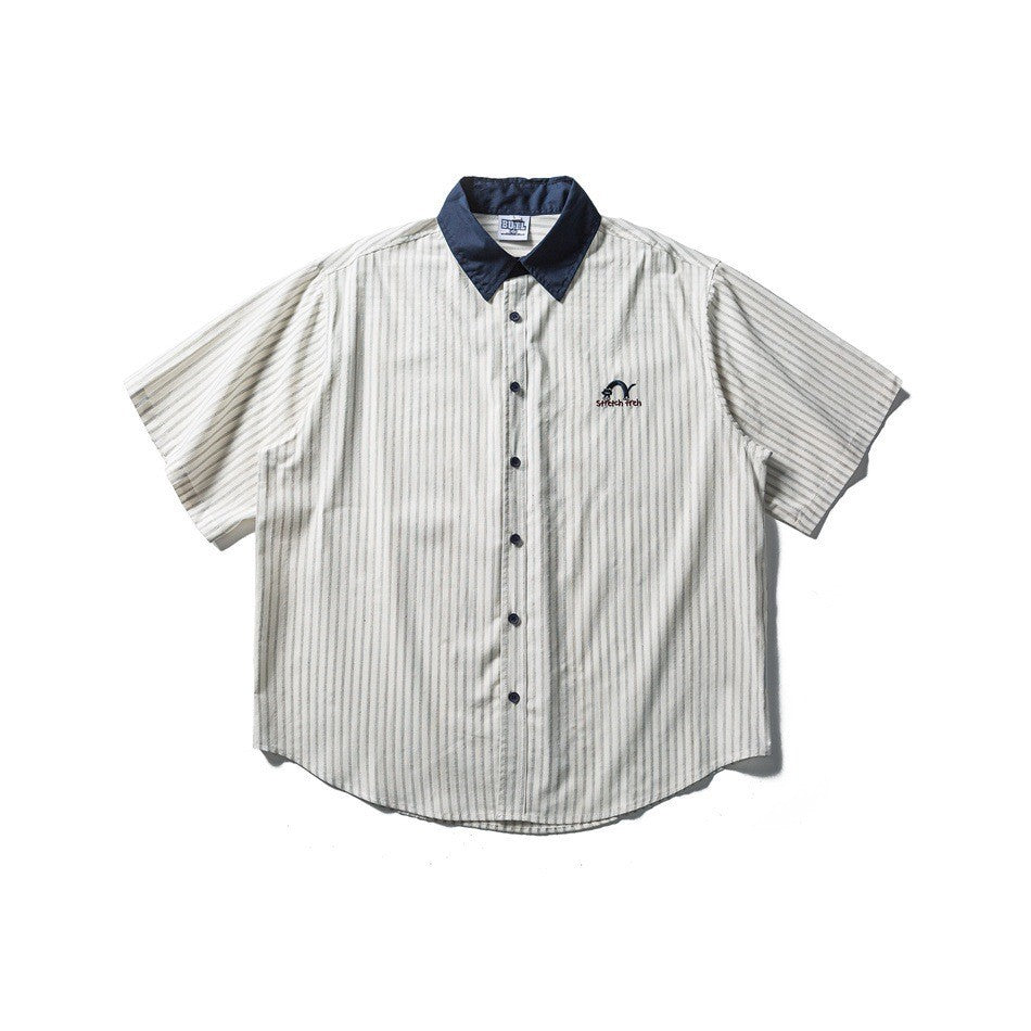 Color-blocked Turn-down Collar Shirt Men's Loose Short Sleeve Shirt