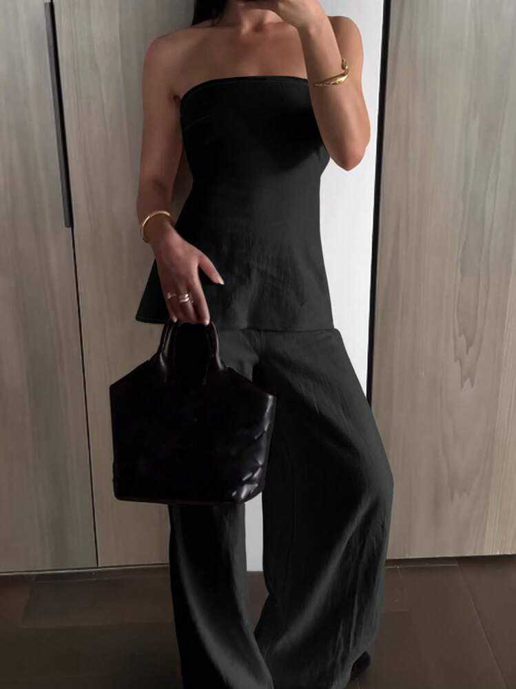 Fashionable Two-Piece Set Natural Slim-Fitting Strapless Top with Casual Wide-Leg Pants Set