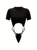 Fashion Sexy Round Neck Solid Color Fitted Thong Bodysuit for Women