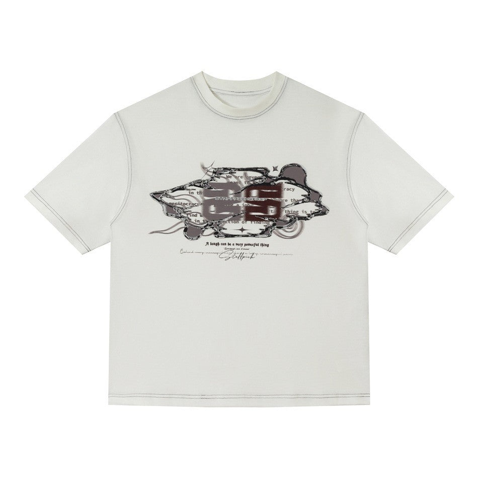 Printed Short Sleeve T-Shirt Unisex Couple Color-Blocked Topstitching